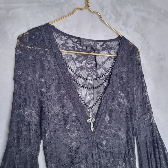 WIDOW Black Lace Gothic Grand Affair Maxi Dress Size M Sheer Romantic Goth Witch - Picture 4 of 13